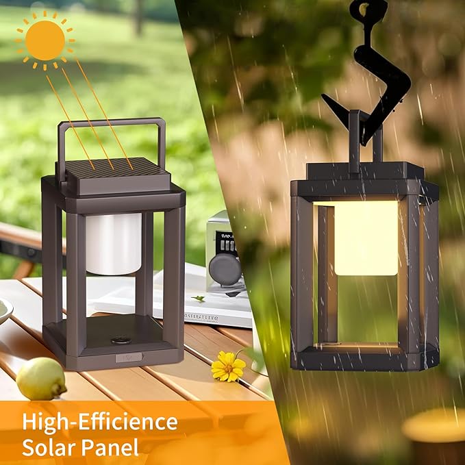 Solar Lantern Outdoor Table Lamp, Portable Rechargeable Solar Lamp Waterproof, 3-Level Brightness LED Nightstand Lantern, Touch Control Outdoor Lamps for Patio Reading Camping