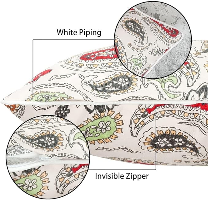 Magpie Fabrics Pack of 2 Outdoor Lumbar Pillow Case Covers 12"x20", Waterproof Rectangular Throw Pillowcase Shell Decorative Sham for Patio Garden Couch - Paisley Red Beige