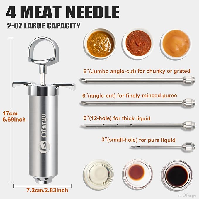 Stainless Steel Meat Injector Syringe Kit with 4 Marinade Needles for BBQ Grill Smoker, 2-oz Large Capacity, Both Paper User Manual and E-Book Recipe