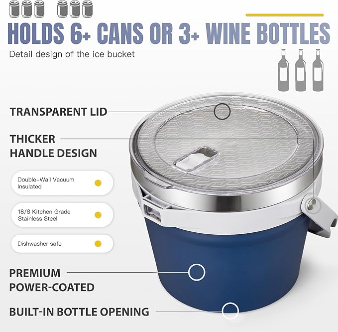 COKTIK 7L Vacuum Insulated Ice Bucket with Lid and Scoop& Tongs，Large capacity Stainless Steel Beverage Bucket for Cocktail, Champagne, Wine, Beer，Large Parties（Dark Blue Suit）