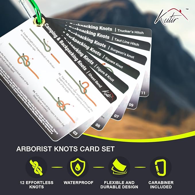 Outdoor Knots Mastery Guide - Essential Backpacking, Scouting & Camping 12 Portable Pocket Size Knot Cards - Waterproof Portable Reference with Mini Carabiner, Regular