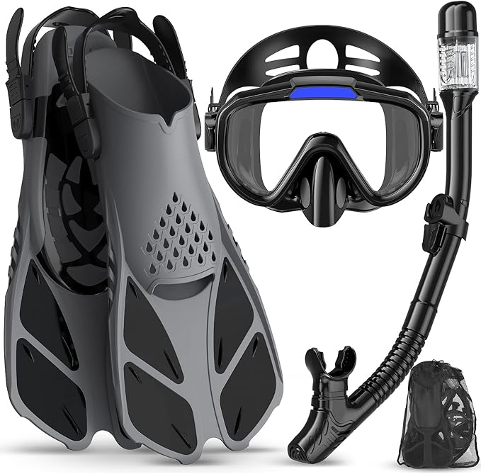 Snorkeling Gear for Adults Men Women,4 in 1 Snorkel Set with Panoramic View Diving Mask Anti-Fog Anti-Leak,Dry Top Snorkel,Fins and Travel Bag for Swimming,Snorkeling and Travel Diving