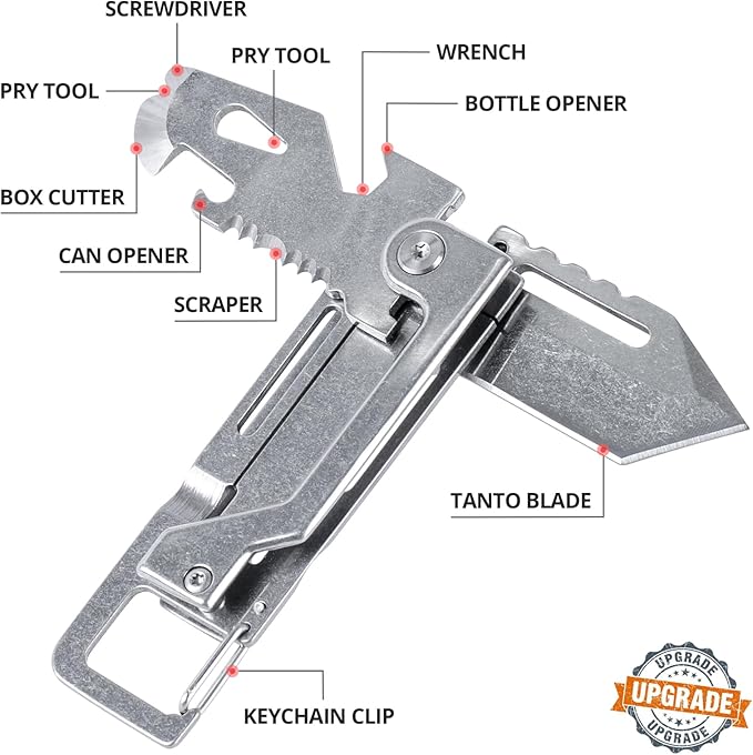 EDCFANS Keychain Multitool Knife, Multi Tools Keychains, Fathers Day Dad Gifts for Men, Tanto Pocket Knives with Clip, Bottle Opener, Box Cutter, Pry Bar, Screwdriver Wrench, EDC Hiking Camping Gear