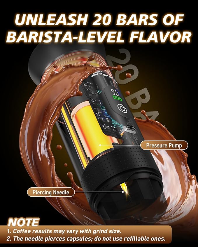 Portable Coffee Maker for Travel,Self-Heating Espresso Machine with USB-C,LED Display,20 Bar,Compatible with Coffee Grounds&Capsules (Ns&DG)–Portable Espresso Maker for Car,RV,Camping,Office