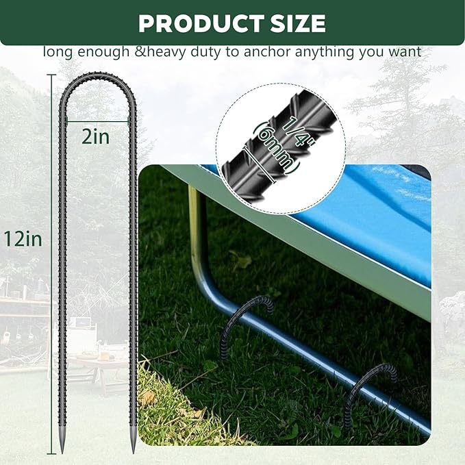 20 Pieces Trampoline Stakes Anchors High Wind Heavy Duty,U Shaped Garden Hooks Stakes for Ground,Trampoline Tie Downs Anchor Kit,Bounce Horseshoe House Stake,Rebar Camping Tent Stakes,12 Inch Long