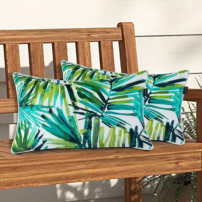 Magpie Fabrics Set of 2 Lumbar Throw Pillow with Insert 12x20 Inch, Outdoor Rectangular Waterproof Home Decorative Toss Cushion for Patio Garden Car Office - Green Palm Leaves