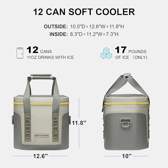 Portable Soft Cooler 12 Cans, IP68 Tizip Leak-Proof Zipper for Camping, Fishing, Beach, Outdoors Insulated Ice Chest with Reusable Ice Pack