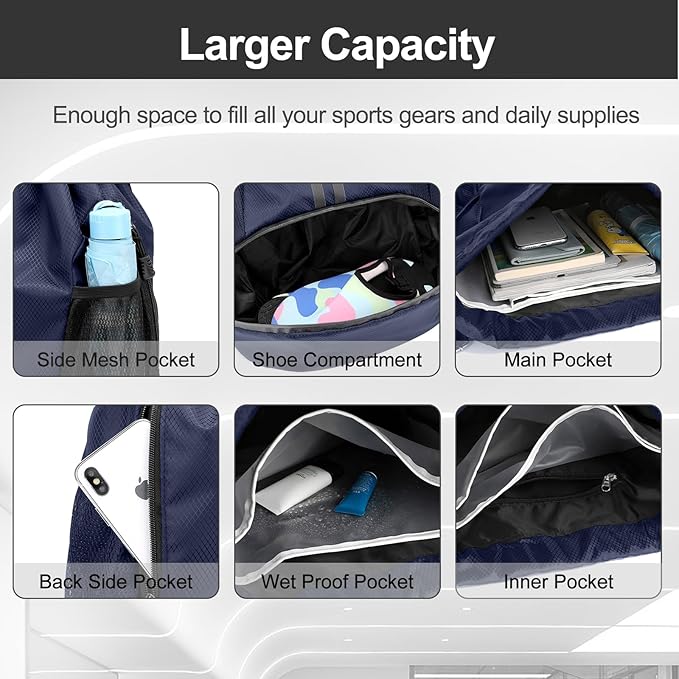 Hoedia Sports Drawstring Backpack - String Swim Gym Bag with Shoes Compartment and Wet Proof Pocket for Women and Men