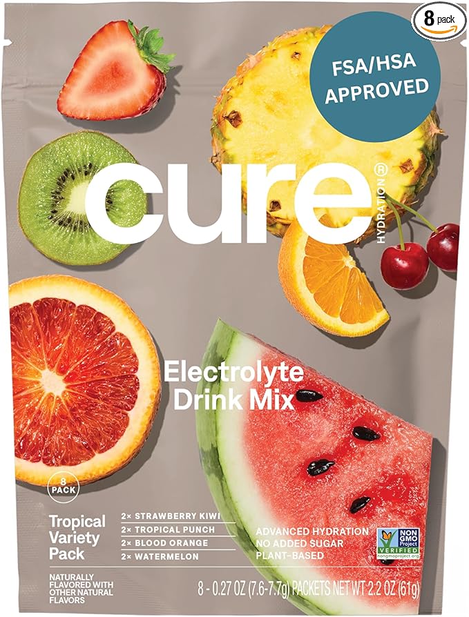 Cure Hydration | Plant-Based Electrolyte Drink Mix | No Added Sugar | FSA-HSA | Dehydration Relief Powder Made with Coconut Water | Non-GMO | Vegan | 8 Packets - Tropical Variety Pack