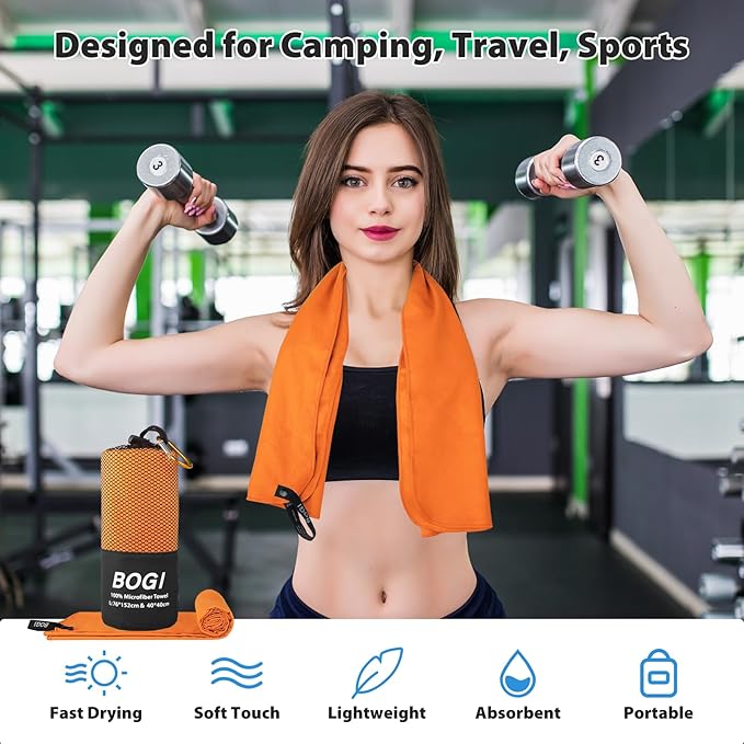 BOGI Microfiber Travel Sports Towel - Quick Dry, Soft Lightweight, Compact for Camping, Gym, Yoga, Swimming, Backpacking (XL:72''x32''+16''x16'' - Orange)