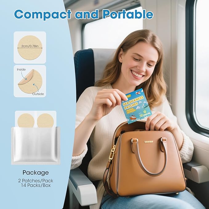 Sea Sickness Patches for Cruise, 28 PCS Behind Ear Motion Sickness Patches for Travel, Non-Drowsy and No Side Effects, 72H Long Lasting and Fast Acting for Cruise, Car, Ships, Air