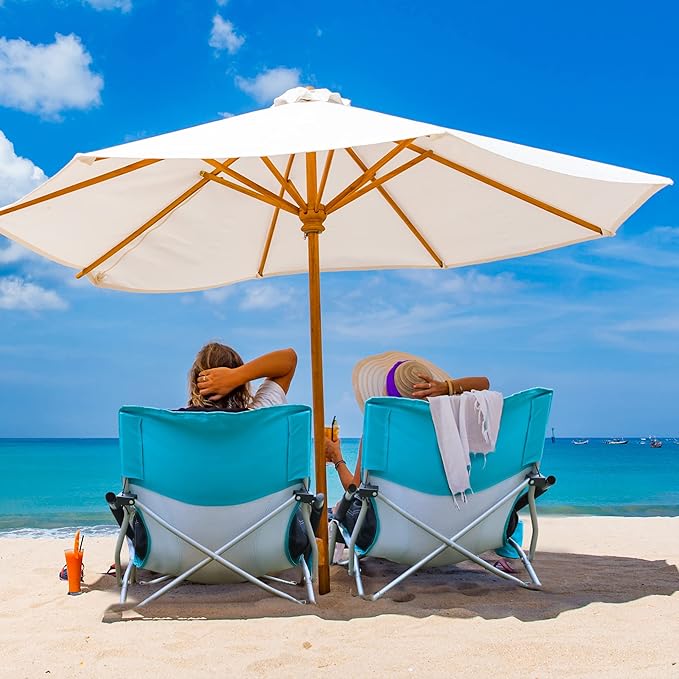 HAUSHOF Low Beach Chair, Mesh Back Folding Chair, Lightweight Low Seat Camping Chairs with Cup Holder, Carry Bag, Padded Armrest, for Outdoor Beach Lawn Camping Picnic Festival