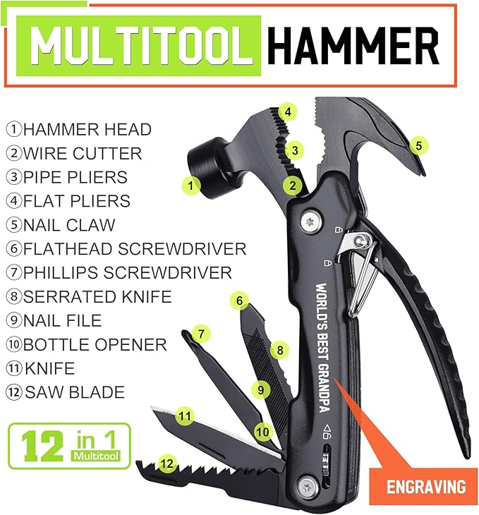 Gifts for Grandpa on Fathers Day - Grandpa Gifts, Best Grandfather Gift - Christmas Birthday Gift for Grandfather - Grandpas Perfect Christmas Presents, Grandparents Presents, Multitool Hammer