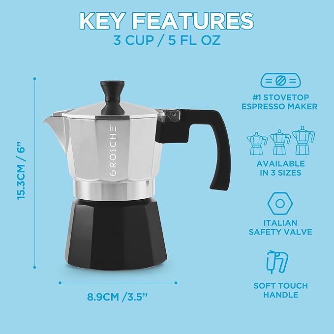 GROSCHE Milano Moka Pot Stovetop Espresso Maker - Italian Espresso Greca Coffee Brewer Percolator | 3 Cup, Tuxedo