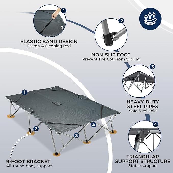 KingCamp 2 Person Queen Size Camping Cot, Folding Portable Double 550lbs Heavy Duty Oversized Large XXL Wide Foldable Sleeping Bed with Carry Bag for Two Adult Outdoor Travel Tent, Grey