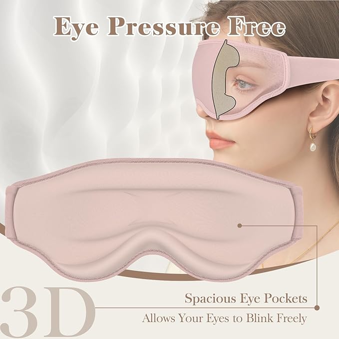 3D Cooling Eye Mask Sleep Mask for Men & Women, 100% Pressure-Free & Light Block-Out Eye Mask for Sleep with Easy Adjustable Strap, Night Eye Cover for Travel, Pink