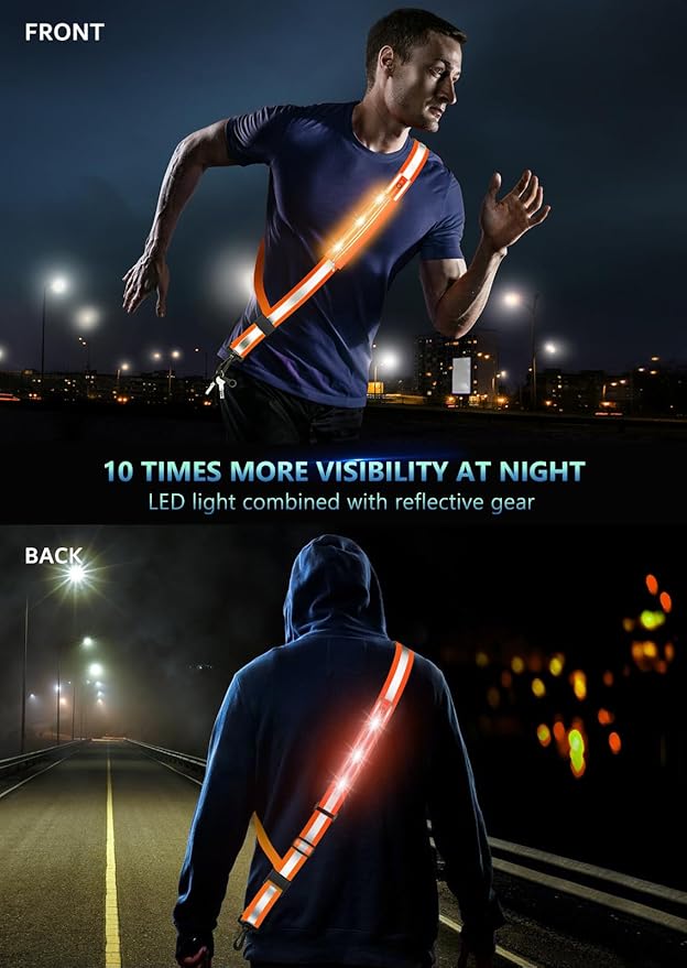 LED Reflective Belt Sash for Walking at Night, Night Running Safety Gear High Visibility Rechargeable LED Light Up Running Belt for Runners Walkers Men Women