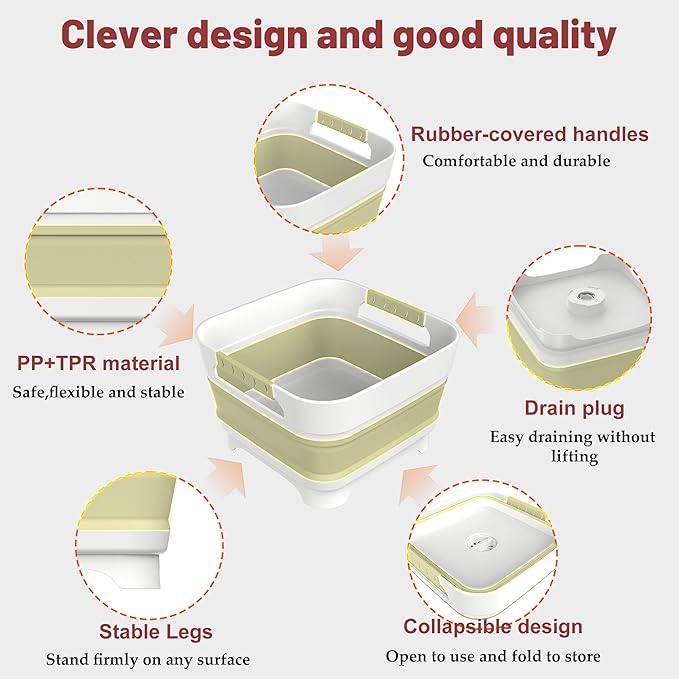 2.4 Gal Collapsbile Wash Basin with Drian Plug,9L Dish Pan for Soaking Baby Bottles,Portable Sink, Multiuse Foldable Bucket,Ice Beverage Tubs for Camping, Vegetable Washing, RV (Green)