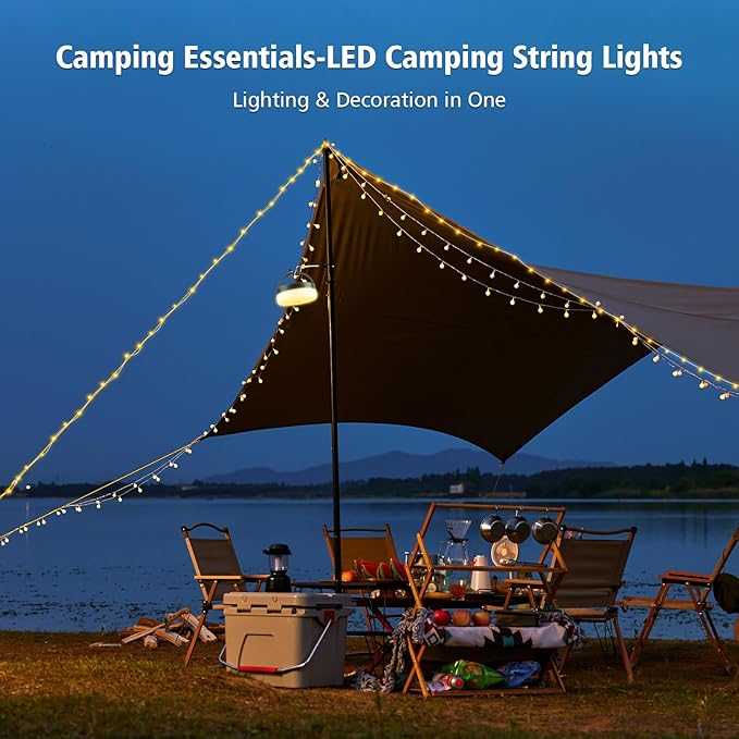 Camping String Lights 33ft, 4 in 1 Rechargeable 100 LED Outdoor Tent String Lights with 14 Lighting Modes Remote Control Waterproof with Timer Function for Camping Gear Essentials Hiking Yard Garden