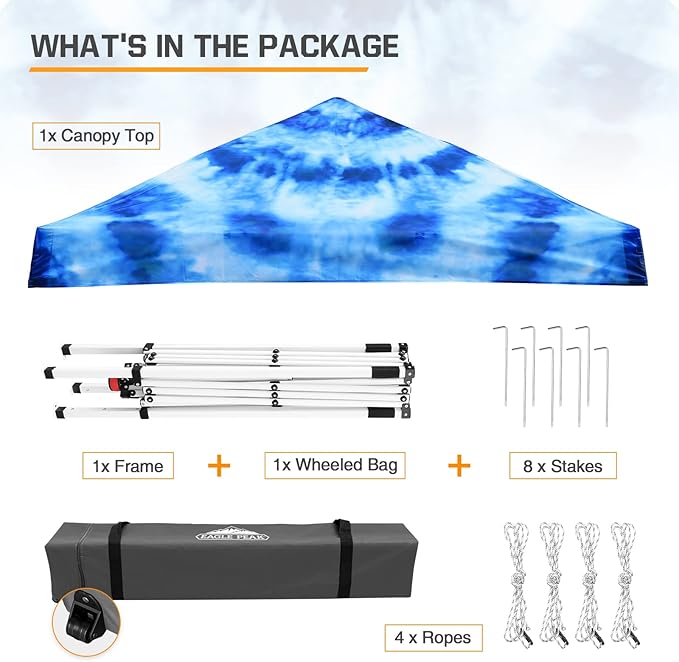 EAGLE PEAK 10x10 Slant Leg Pop-up Canopy Tent Easy One Person Setup Instant Outdoor Beach Canopy Folding Portable Sports Shelter 10x10 Base 8x8 Top (Tie Dye Blue)