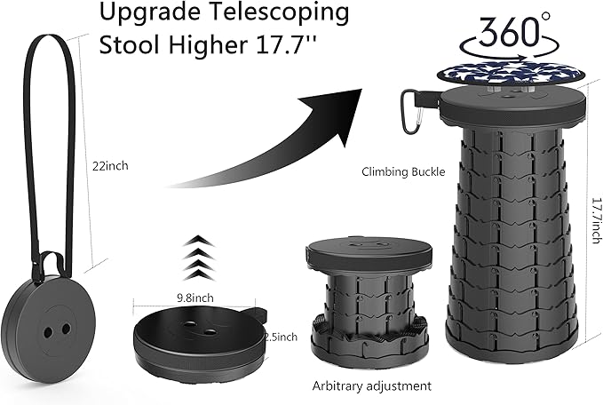 ALEVMOOM Portable Telescoping Collapsible Stool with Cushion & Bag, Retractable Folding Stool for Adults, Lightweight But Sturdy Capacity 440 lbs for Camping Fishing Hiking BBQ