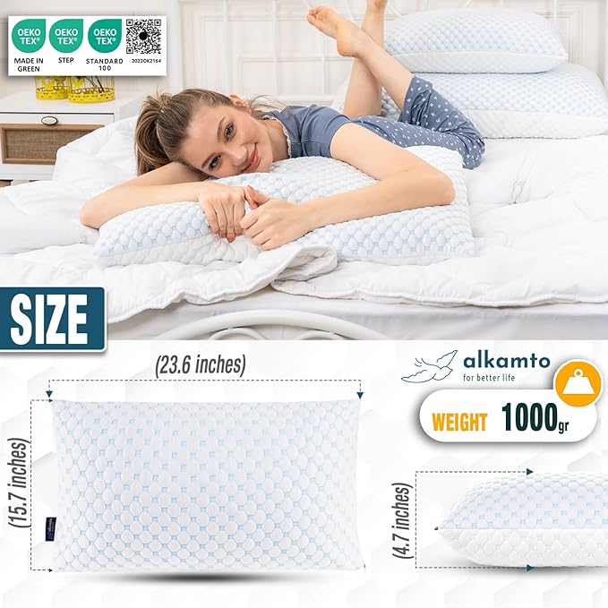 alkamto Cooling Shredded Memory Foam Pillow – Adjustable Gel for Personalized Support – Double-Sided Ice Silk & Soft Rayon – Lightweight, Compressible (White) (Standard)