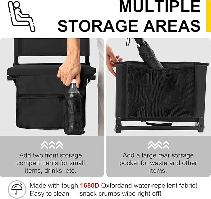 Stadium Seats with Back Support for Bleachers, Folding Bleacher Chairs with Back and Cushion, Padded Seat with Shoulder Strap, Large Mesh Pocket & Carry Handle, Black