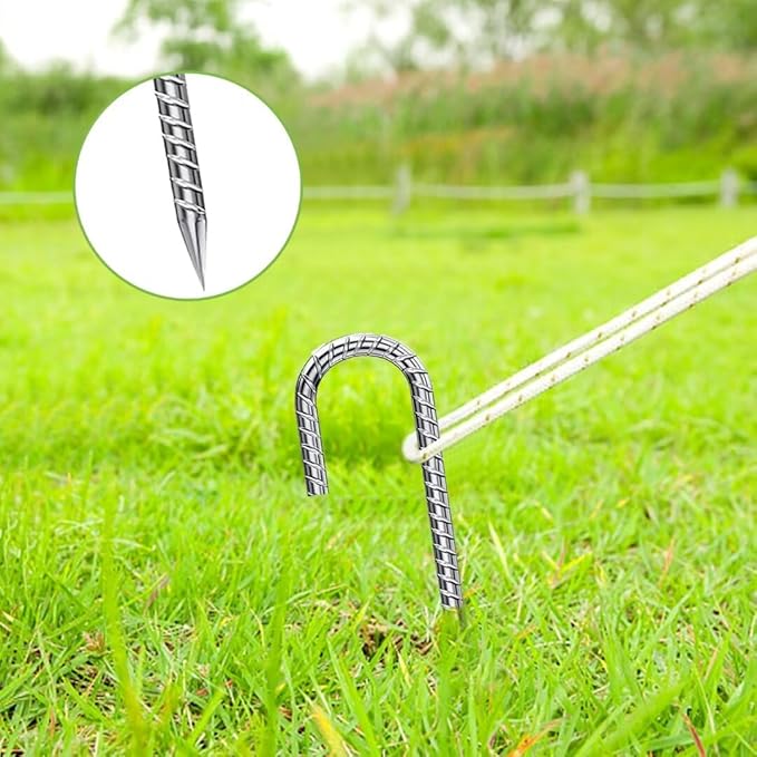 Ground-Stakes-Heavy-Duty-12-Inch, J Hook Rebar Stakes Galvanized Anti-Rust 50pcs Metal Stakes for Ground Heavy Duty Ground Anchors for Garden Dog Fence Chicken Coop Deer Fence