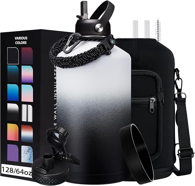 Insulated Water-Jug Gallon Water Bottles - with Straw & Spout Lids, Paracord Handle & Bottle Carrier, 128OZ Metal Gallon Water Bottle Large, Vacuum Thermo Jug Stainless Steel Water Flask Jug