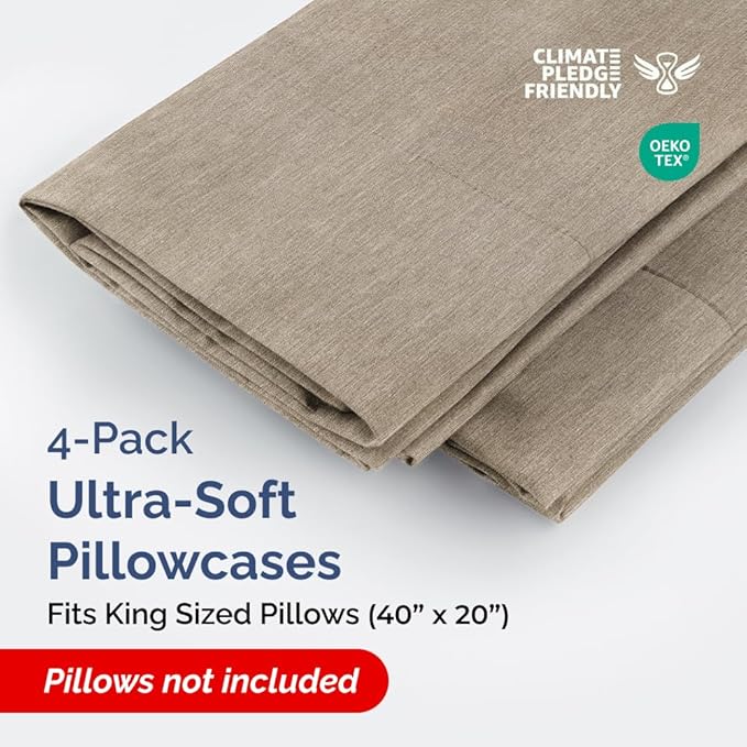 Pillowcases - Ultra Soft Hotel Quality Pillowcase Covers - Comfy, Cozy & Wrinkle Free - Shrinkage and Fade Resistant - Machine Washable Pillow Protectors - (King, Heathered Beige, 4 Piece Set)