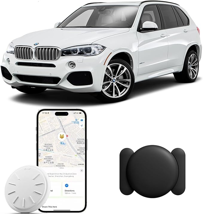 Car GPS Tracking Device for Vehicles, Work with Find My (iOS Only),Hidden Mini GPS Tracker,No Monthly Fee (White Tracker, Black Magnetic Case)