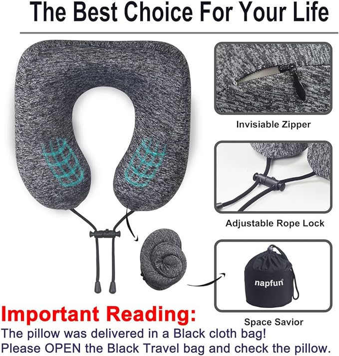 napfun Travel Pillow for Airplane, Premium Memory Foam Neck Pillow for Flight Headrest Sleep, Portable Plane Accessories, Deep Gray