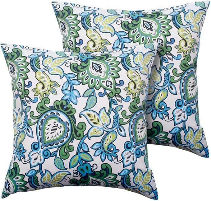 Magpie Fabrcis Pack of 2 Outdoor Waterproof Throw Pillow with Insert 18 x 18 Inch, Christmas Decorative Back Cushion Pad for Garden Patio Tent Balcony Couch Sofa(Floral Blue Green)
