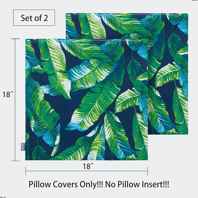 Magpie Fabrics Patio Pillow Covers ONLY 18"x18", Set of 2, Fade-Resistant Outdoor Indoor Decorative Throw Pillowcase Shell for Couch Garden Furniture - Green Lagoon Leaves