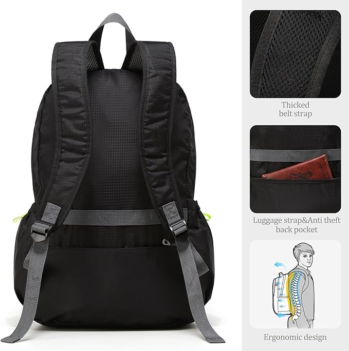 Lightweight Packable Travel Backpack, 30L Black Daypack Hiking Backpack for Women Men, Waterproof and Foldable, Travel Backpack Carry on Flight Approved