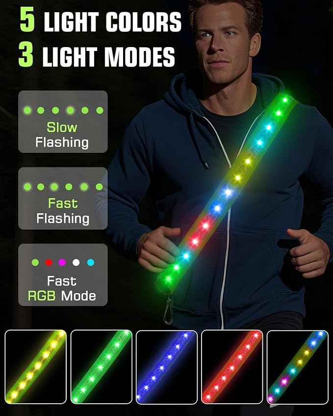 Zacro LED Reflective Sash Light Up Vest for Night Walking with 5 Colors & 4 Light Modes, Rechargeable High Visibility Neon Safety Gear for Men Women Dog Walking