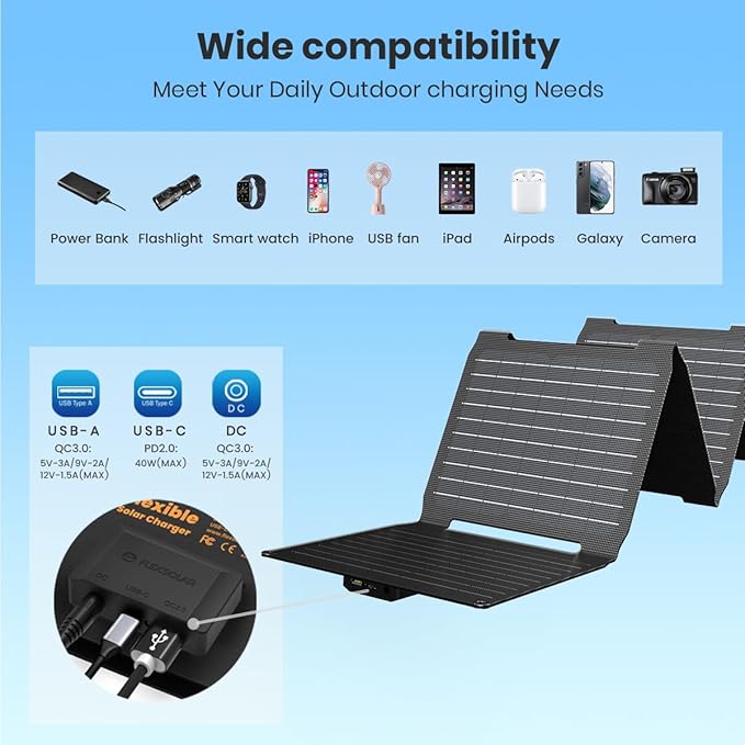 Upgraded FlexSolar 40W Portable Solar Panels Chargers with PD2.0 USB-C,QC3.0 USB-A and DC Outputs Foldable IP67 Waterproof Power Emergency Camping for Small Power Station,Phones, Power Banks