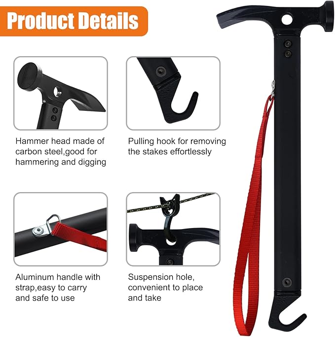 Eurmax USA Hiking Camping Tent Stakes and Hammer Set Lightweight Multi-Function Tent Hammer with Tent Stake Remover,Tent Pegs for Camping, Hiking, Backpacking, Gardening(Red Stakes)