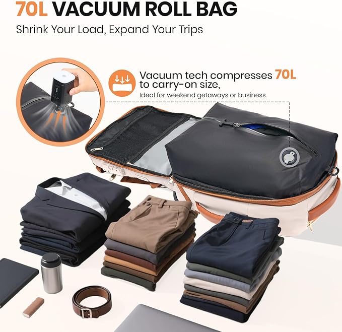 Fanwoli Vacuum Rolling Travel Backpack, Carry On Luggage with TSA Lock & Anti Theft Zipper, 70L Expandable Airback with Compression Pump, Waterproof Laptop Bag Ideal for Flight & Business