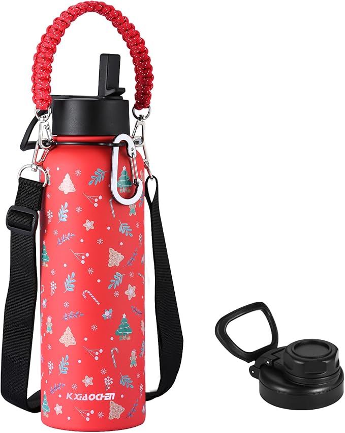 KXIAOCHEN Insulated Water Bottle, Stainless Steel Water Bottle, 2 Lids (Straw and Handle Lid),Wide Mouth Metal Water Bottles Keep Hot and Cold, Double Walled, Thermo Mug, Metal Canteen