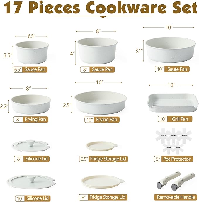 SENSARTE 17 Piece Pots and Pans Set, Nonstick Detachable Handle Cookware Set, Induction Kitchen Cookware Set with Removable Handle, Healthy Non Stick for RV, Dishwasher ＆ Oven Safe, PFOA Free (White)