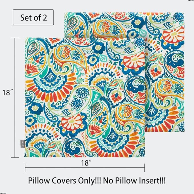 Magpie Fabrics Patio Pillow Covers ONLY 18"x18", Set of 2, Fade-Resistant Outdoor Indoor Cushion Cases Decorative Throw Pillowcase Shell for Couch Garden Furniture -Paisley Multi