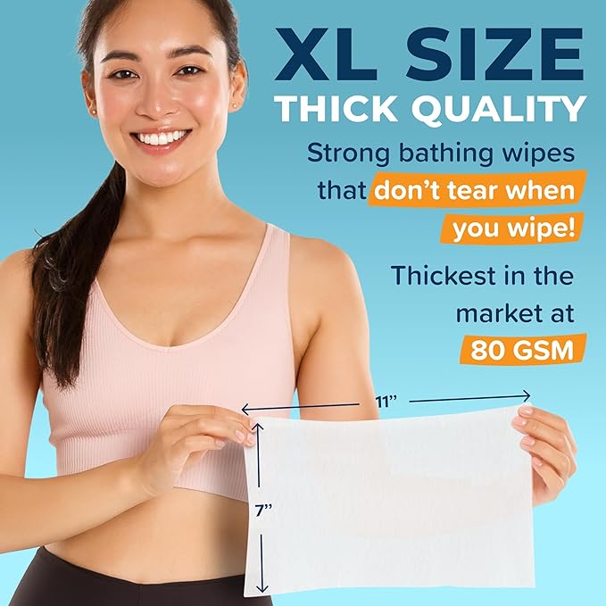 Body Wipes For Adults Bathing No Rinse 200pc XL - Ultra Thick Shower Wipes For Men Women - Personal Cleansing, Hygiene & Camping Essentials, Elderly Care, Travel, Incontinence Disposable Washcloths
