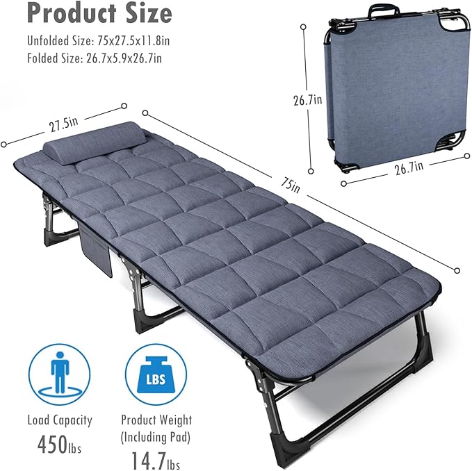 ATORPOK Folding Camping Cot for Adults with Padded Mattress and Pillow, Adjustable Reclining Lounger Sleeping Cot Bed, Ideal for Camping, Travel, Garden, or Office Use, Blue