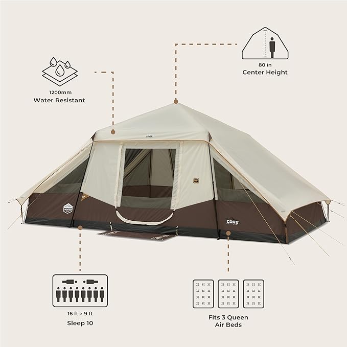 CORE Instant Cabin Tent with LED Lights | Large Family Lighted Pop Up Tent with Carry Bag for Camping, Glamping, and Backyard Adventures | Included Storage Pockets for Camp Accessories