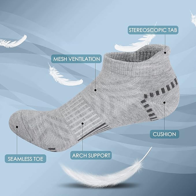 Airacker Ankle Athletic Running Socks Cushioned Breathable Low Cut Sports Tab Socks for Men and Women (6 Pairs)