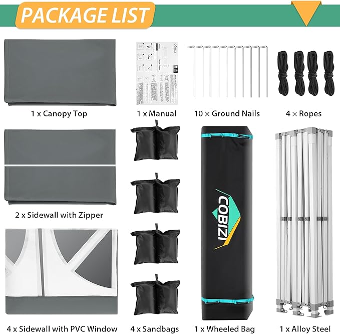 COBIZI 13x26 Pop up Canopy Tent 13x26 Canopy with 6 Sidewalls Waterproof Heavy Duty Commercial Canopy Tent for Parties Outdoor Tent Garden Gazebo Tent, Carry Bag with Wheel(13x26ft, Gray)