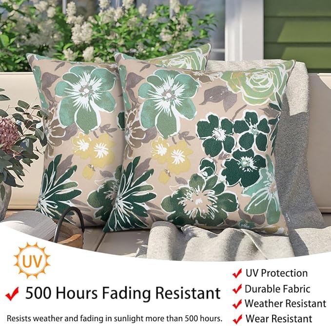 Magpie Fabrics Patio Pillow Covers ONLY 18"x18", Set of 2, Fade-Resistant Outdoor Indoor Cushion Cases Decorative Throw Pillowcase Shell for Couch Garden Furniture - Green Floral