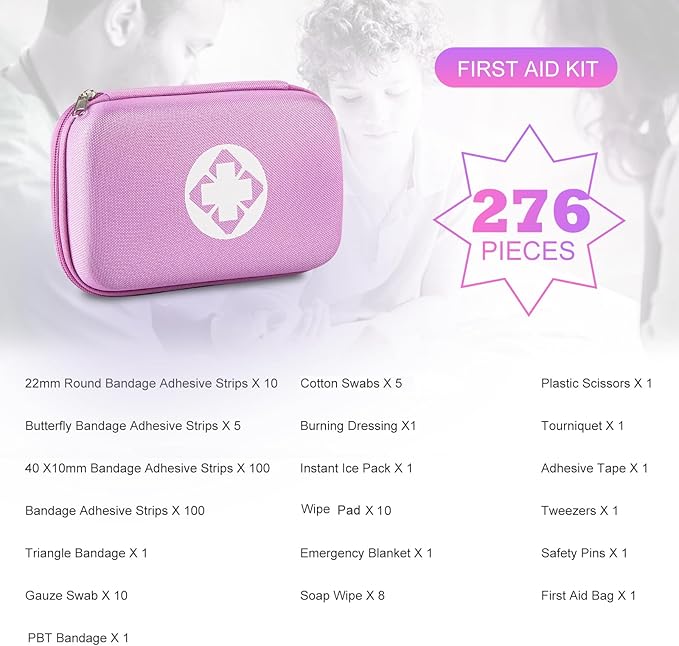 277PCS Compact Emergency First Aid Kit for Car Business Travel Size Backpacking Gear Bag Camping Essentials Survival Kit Supplies for Road Trips, Hiking, Outdoor Play Pink AMORNING