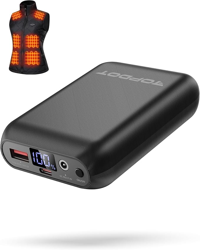 𝟕.𝟒𝐕 𝟏𝟔𝟎𝟎𝟎𝐦𝐀𝐡 Heated Vest Battery Pack Compatible with ORORO and Venustas, NORSENN, Portable Power Bank with LED Display for 𝟓𝐕 USB heated Vests Jacket Camping Chair Blanket(NOT for 12V）